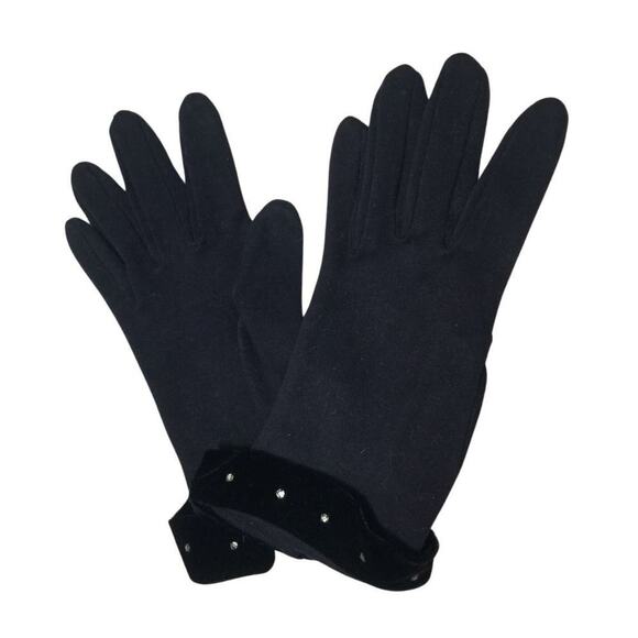VINTAGE 50s 60s Evening Gloves Crystal Adorned Velvet Cuff Black Nylon Size S/M - Picture 1 of 3